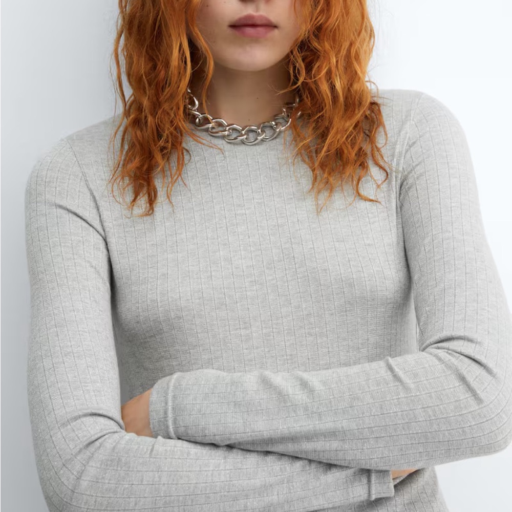 Mango Ribbed long-sleeved t-shirt in Lurex Silver